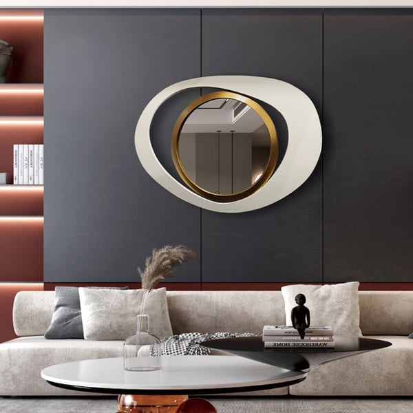 Modern 23.6" Large White & Gold Abstract Geometry Wall Mirror Decor Living Room Bedroom