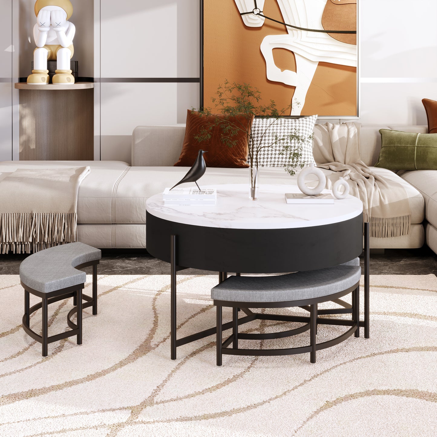 Modern Round Lift-Top Coffee Table with Storage & 3 Ottoman White & Black