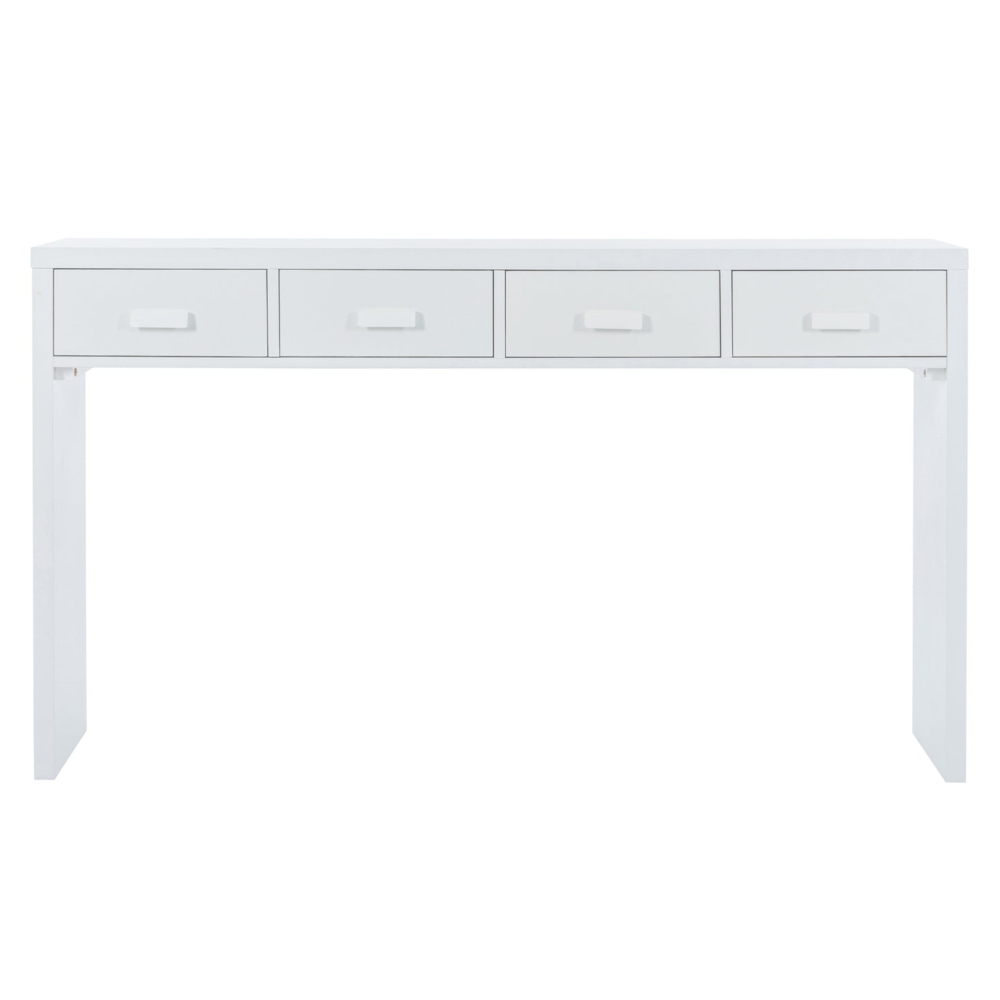 TREXM Table console minimaliste moderne avec plateau ouvert et quatre tiroirs avec poignées en métal pour entrée, salon et salle à manger (blanc)