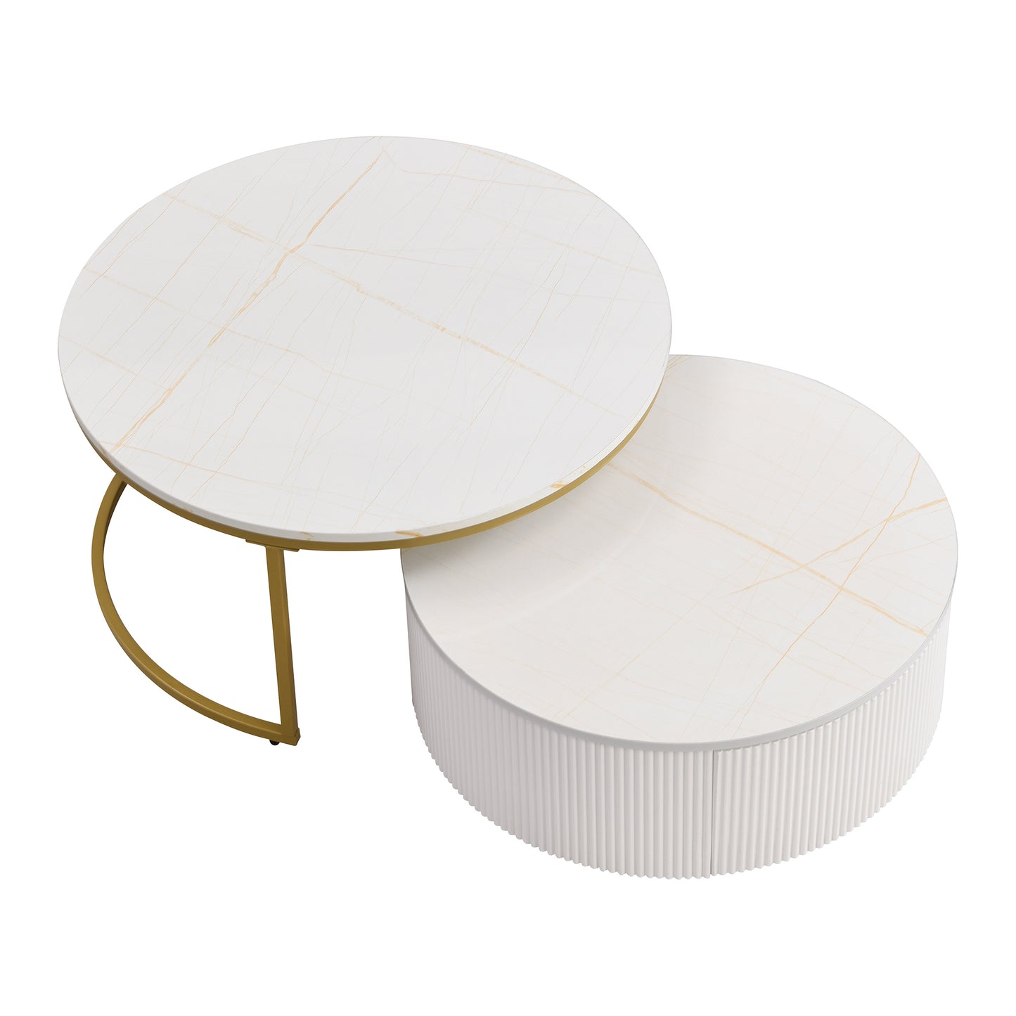 Modern Round Nesting Coffee Table Fluted with Drawer in White & Gold in 31.5''