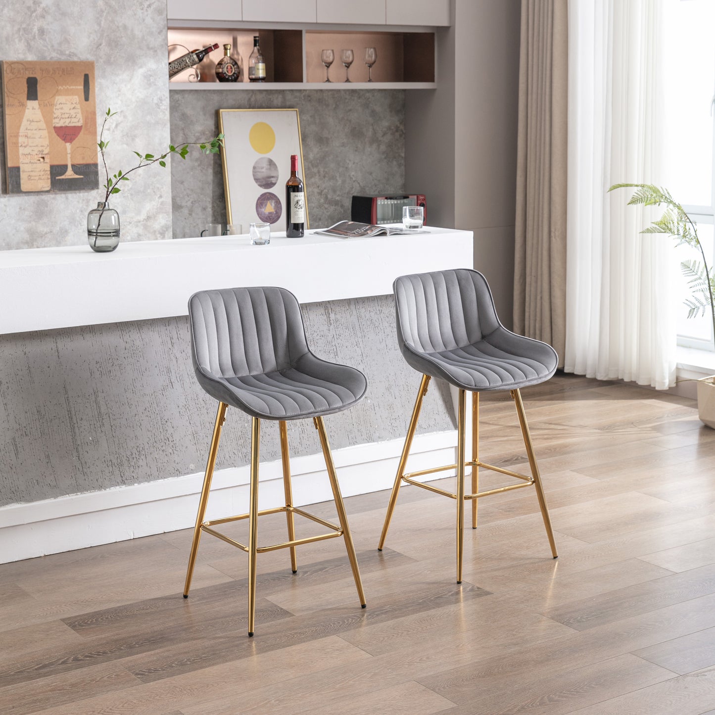 Ensemble de 2 tabourets de bar de 26 pouces, avec repose-pieds chromé, tabouret de comptoir en tissu velours, pied doré, tabouret de bar simple, gris