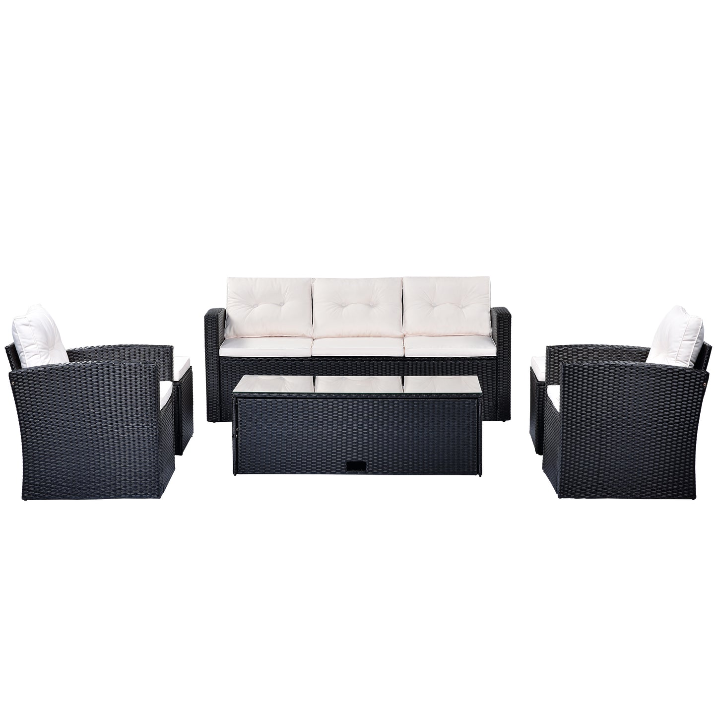 GO Ensemble sectionnel de conversation en osier PE 6 pièces résistant aux intempéries pour patio, salle à manger en plein air, avec table basse, canapés en osier, poufs et coussins amovibles (osier noir, coussin beige)