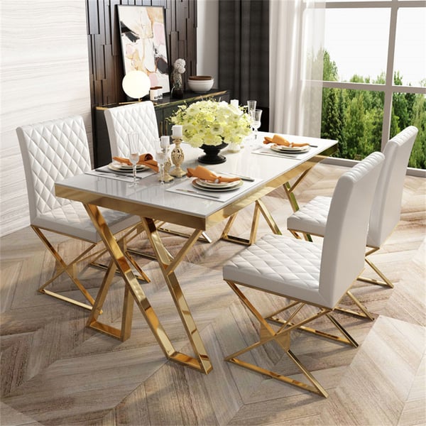 55 Inches Modern White Rectangle Tempered Glass Dining Table