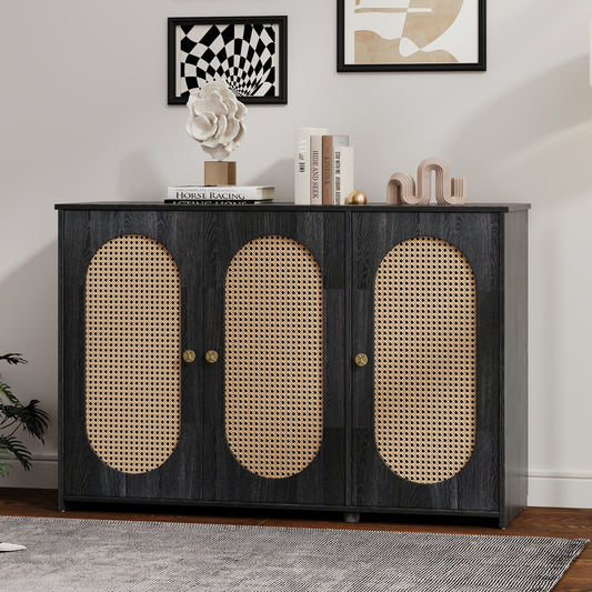 TREXM Retro 3-Door Sideboard with Large Storage Space Artificial Rattan Doors and Metal Handles, Accent Cabinet for Living Room and Hallway (Antique Black)