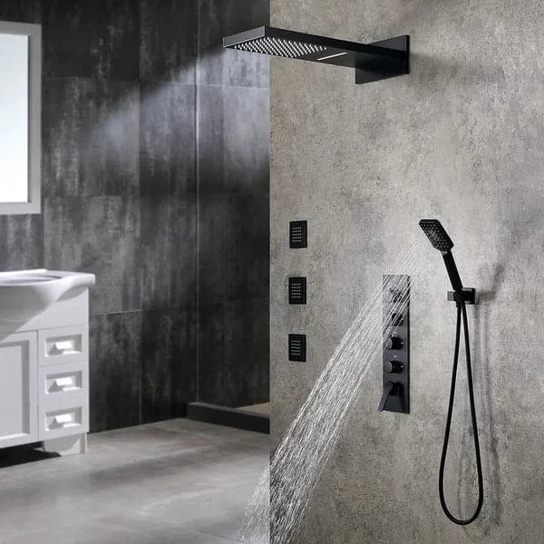 Wall Mounted Waterfall Rain Thermostatic Shower System with 3 Body Sprays in Matte Black