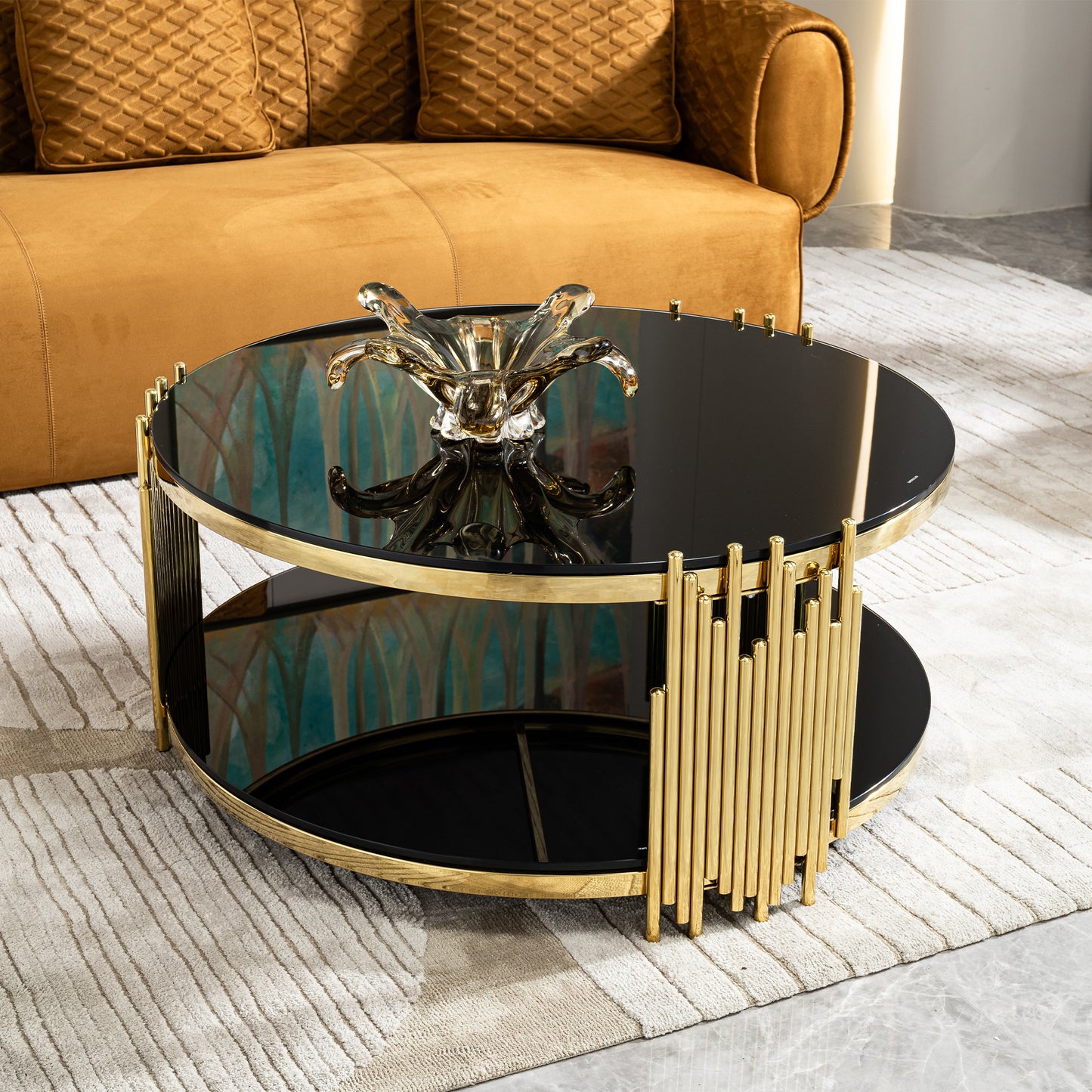 double layer black tempered glass top stainless steel round coffee table for living room