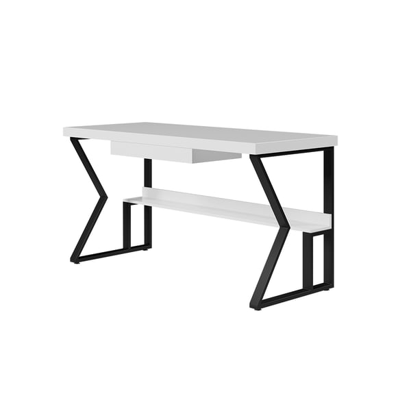 White Wooden Writing Desk Computer Desk with Shelf & Drawer Black Legs