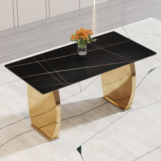 Stylish 63" Rectangular Table with Black Patterned Top and Gold Legs - Perfect for Dining Room and Living Space