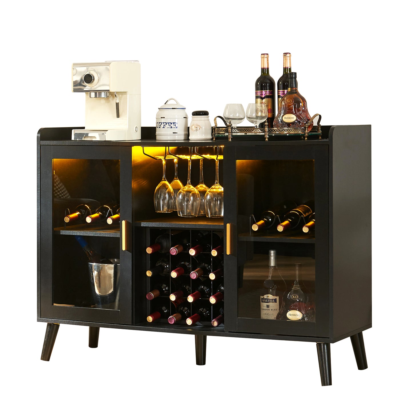 Armoire de bar à vin LED, armoire à café avec support à vin et verres, buffet de cuisine avec étagères de rangement, armoire à alcool autoportante pour salon, salle à manger (noir)
