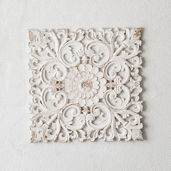 22" French Country Square Wood Wall Decor Distressed White Carved Flower for Living Room