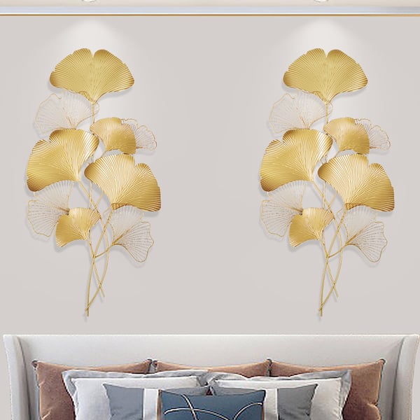 2 Pieces Modern Metal Ginkgo Leaves Wall Decor For Living Room Home Hanging Art in Gold