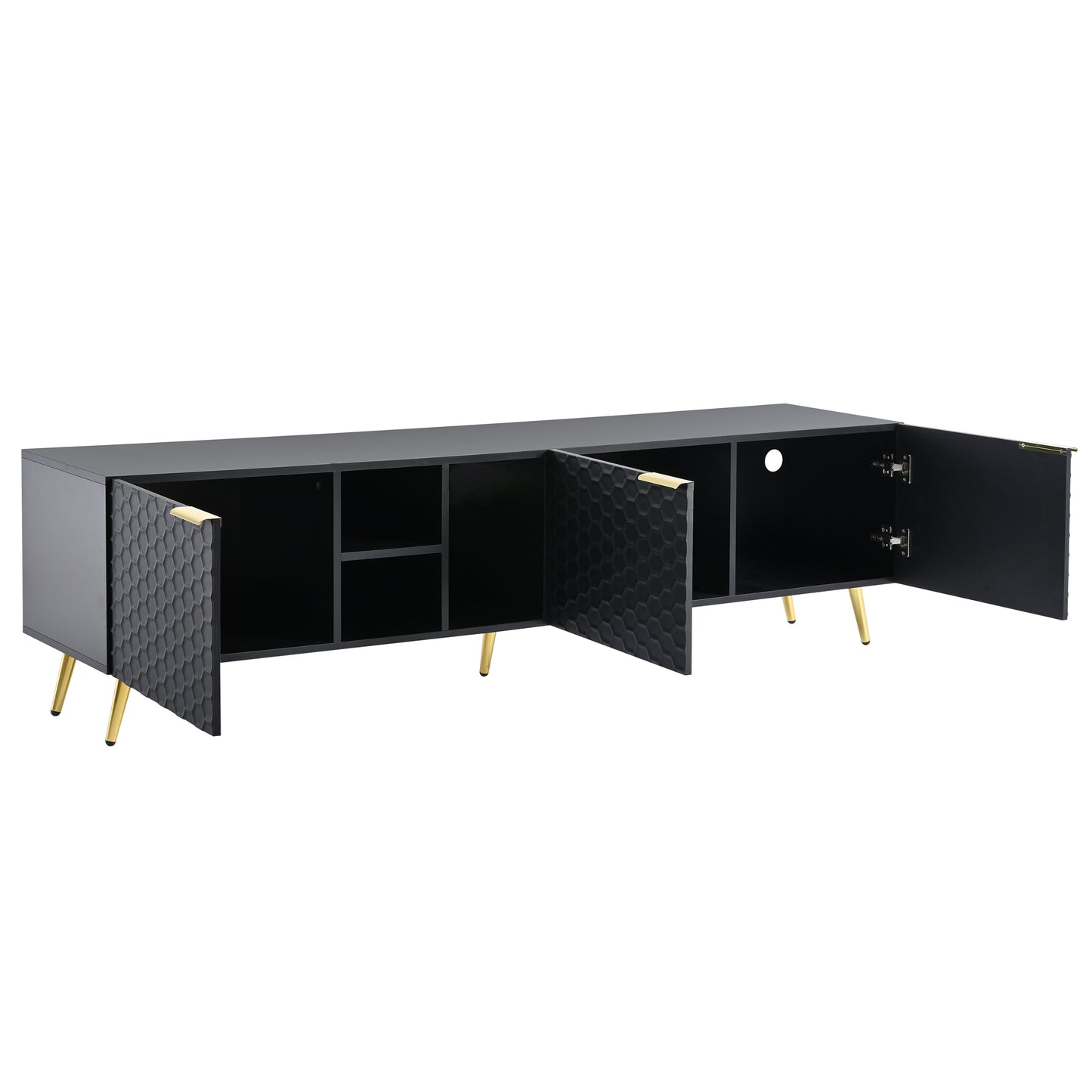 ON-TREND Modern Minimalist Geometric TV Cabinet with Metal Handles and Gold Legs for TVs Up to 80'', Multi-functional TV Stand with Storage Cabinets, Entertainment Center for Living Room, Black