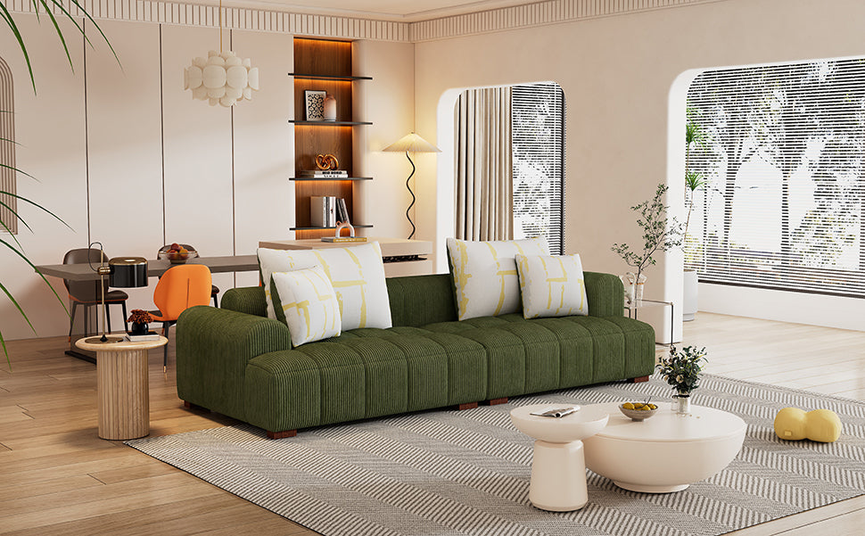 103.9" Modern Couch Corduroy Fabric Comfy Sofa with Rubber Wood Legs, 4 Pillows for Living Room, Bedroom, Office, Green