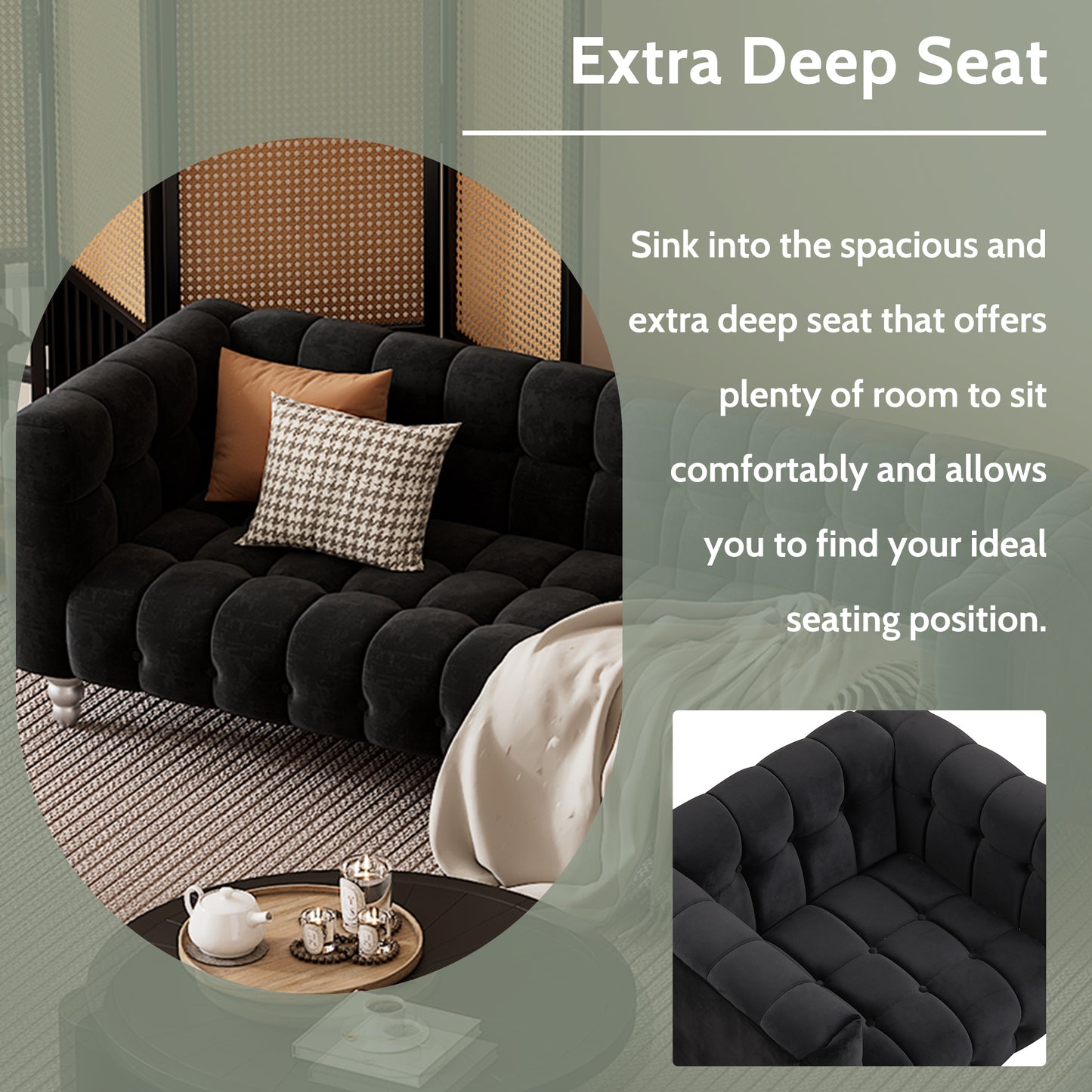 Modern 3-piece sofa set with solid wood legs, buttoned tufted backrest, Dutch fleece upholstered sofa set including three-seater sofa, double seat and living room furniture set single chair, black