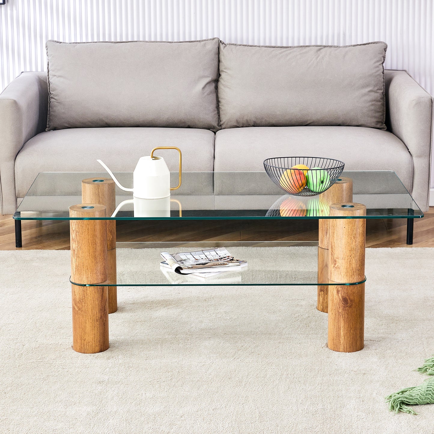 Modern Minimalist Double-Layer Transparent Tempered Glass Coffee Table with Wooden MDF Decorative Columns