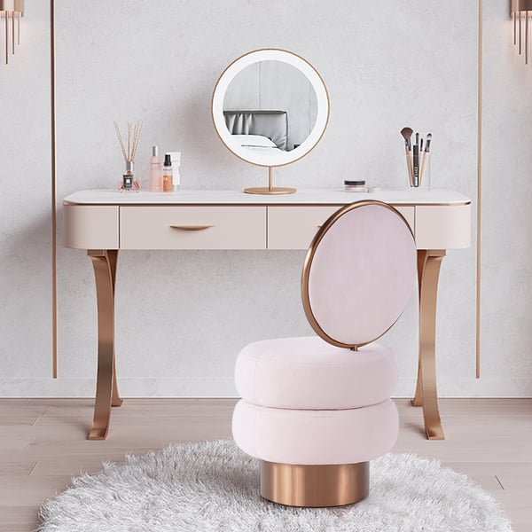 Pink Velvet Vanity Stool With Back Round Tufted Accent Chair Rose Gold