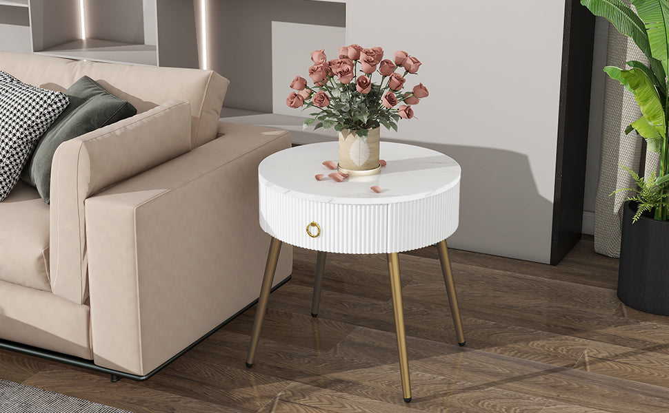 ON-TREND Φ19.6'' Easy Assembly End Tables with High Gloss Faux Marble Tabletops, Set of 2, Modern Fluted 2 Side Tables with Drawers, Round Coffee Tables with Golden Legs for Living Room, White