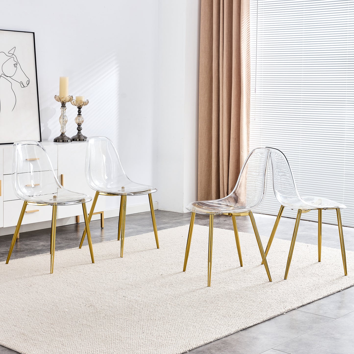 Modern Transparent Dining Chairs - Set of 4 Armless Crystal Chairs with Golden Plating Metal Legs