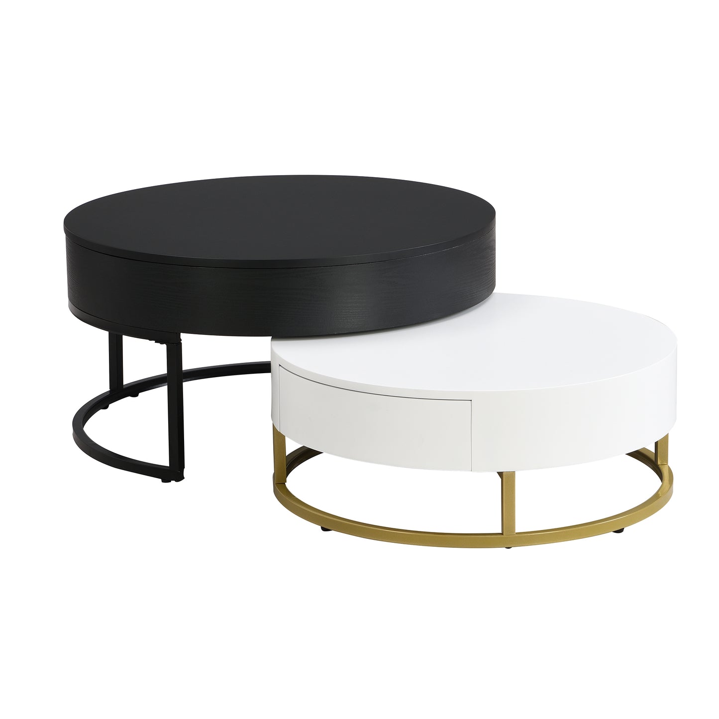 Modern Round Lift-top Nesting Coffee Tables with 2 Drawers White & Black