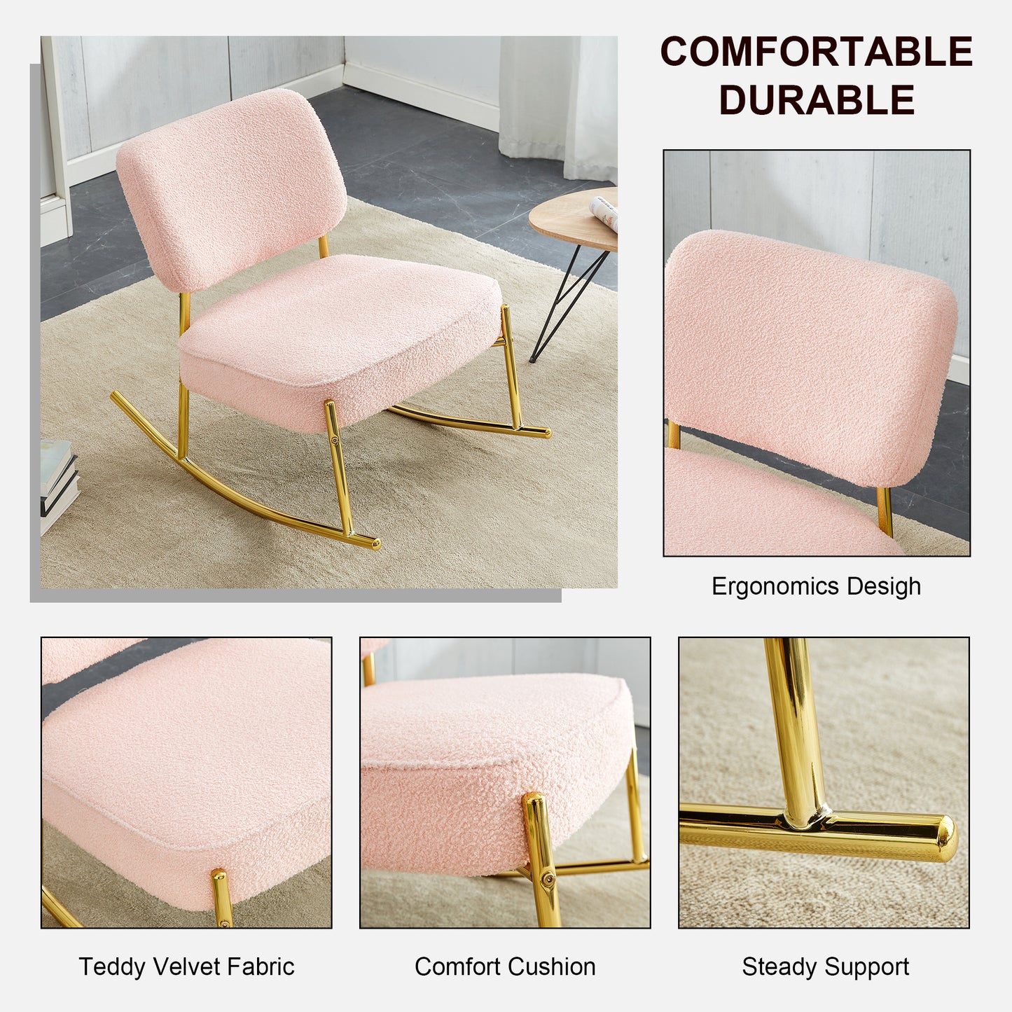 Comfortable Teddy Velvet Rocking Chair with Pink Backrest & Golden Metal Legs