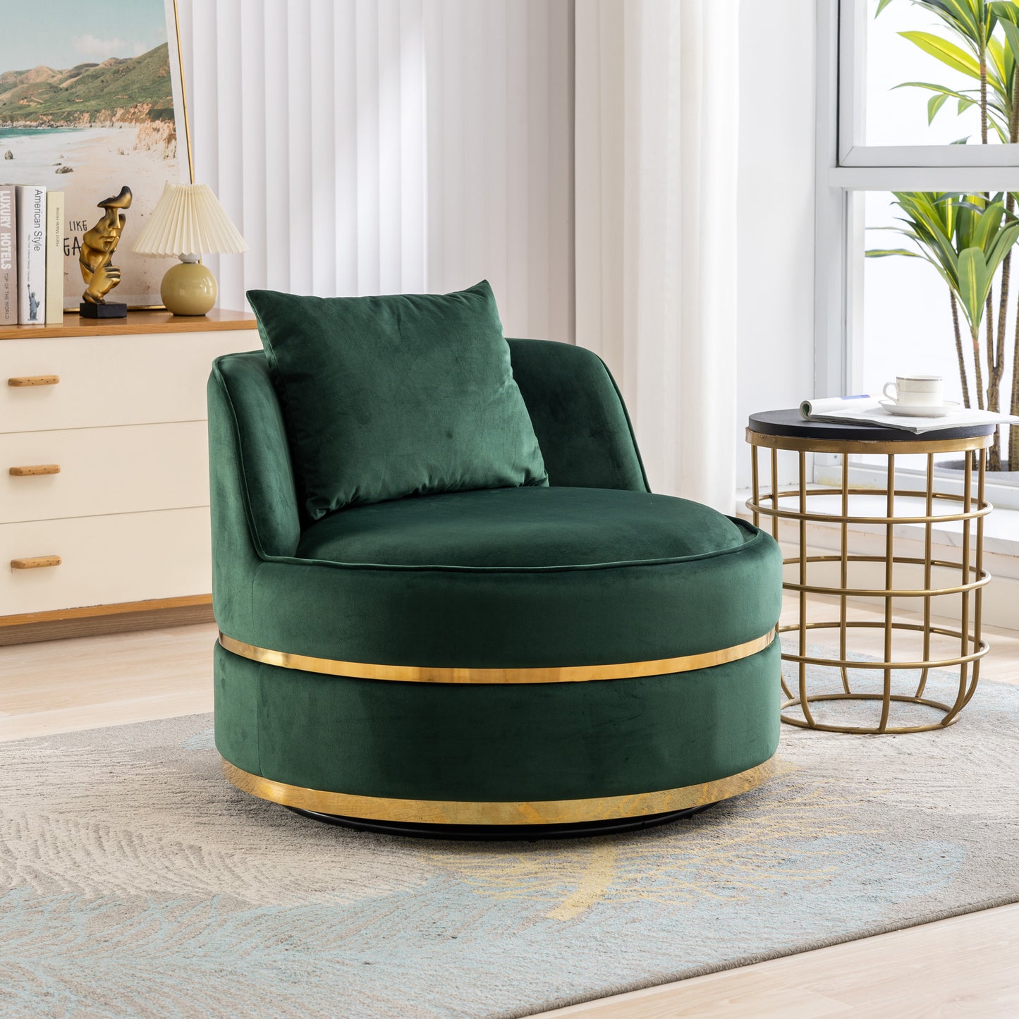 360 Degree Swivel Accent Chair Velvet Modern Upholstered Barrel Chair Over-Sized Soft Chair with Seat Cushion for Living Room, Bedroom, Office, Apartment, Green