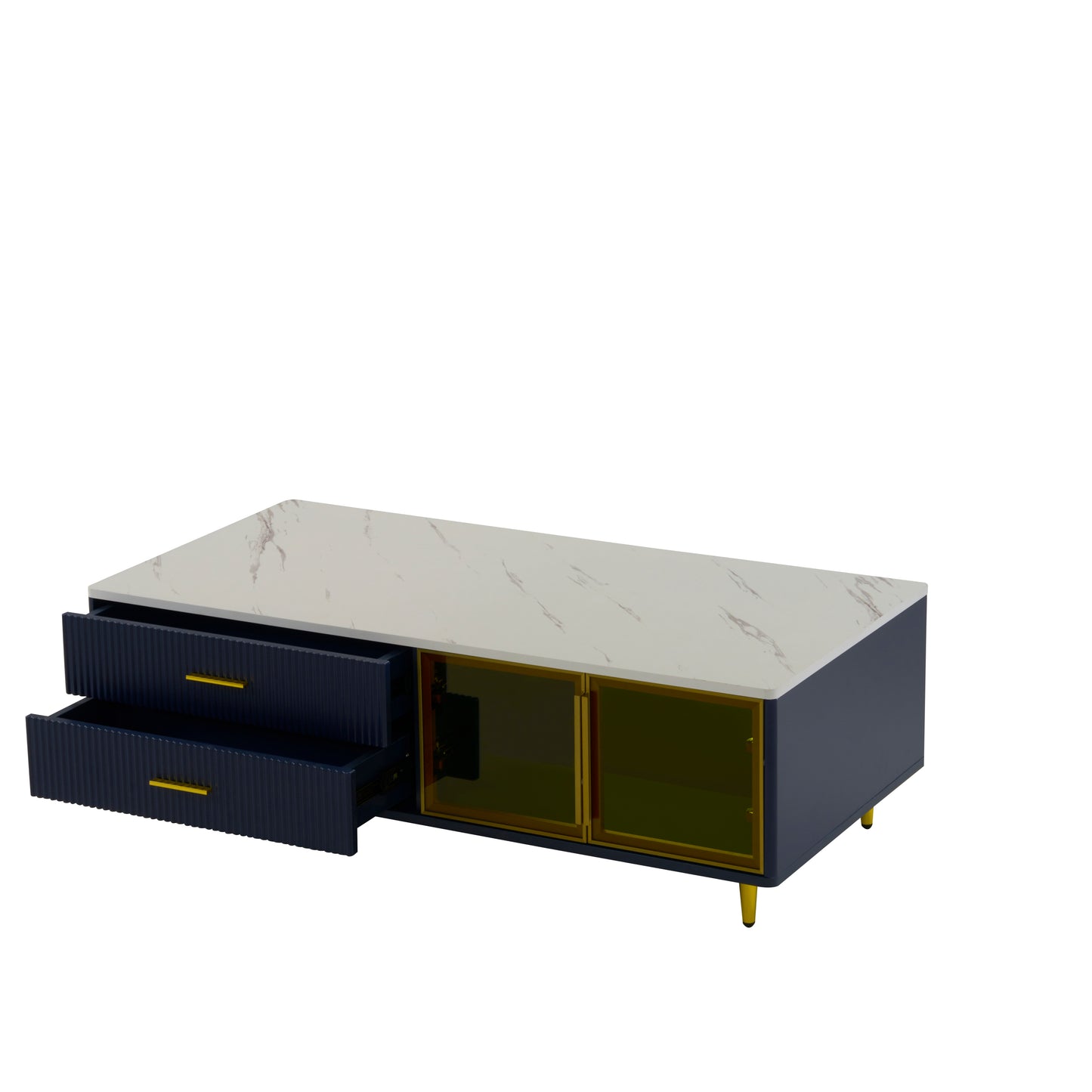 Modern Navy Blue Coffee Table with 2 Glass Door Storage, 4 Drawers, Gold Metal Legs, and Multi-Color Lighting in 47.2''