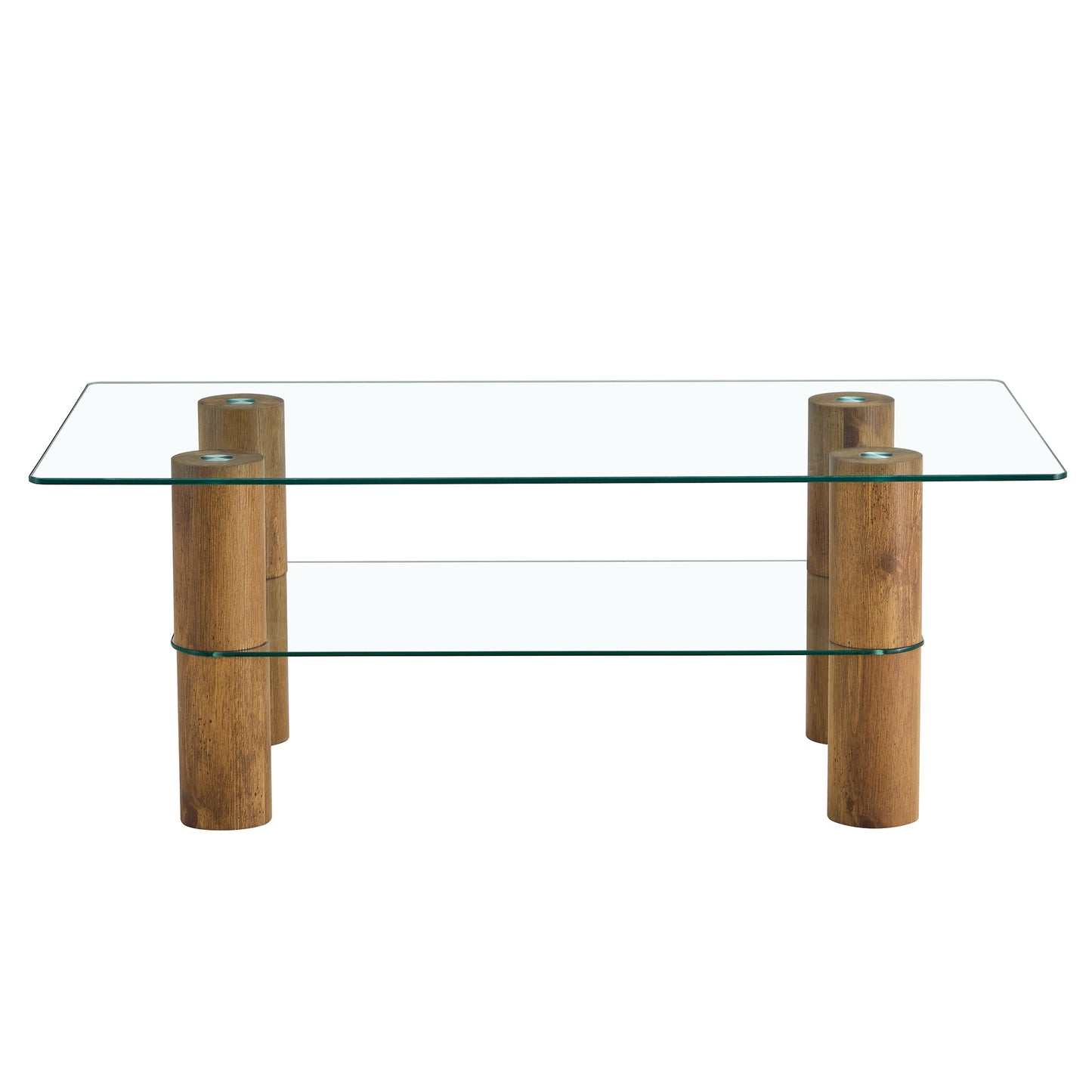 Modern Minimalist Double-Layer Transparent Tempered Glass Coffee Table with Wooden MDF Decorative Columns