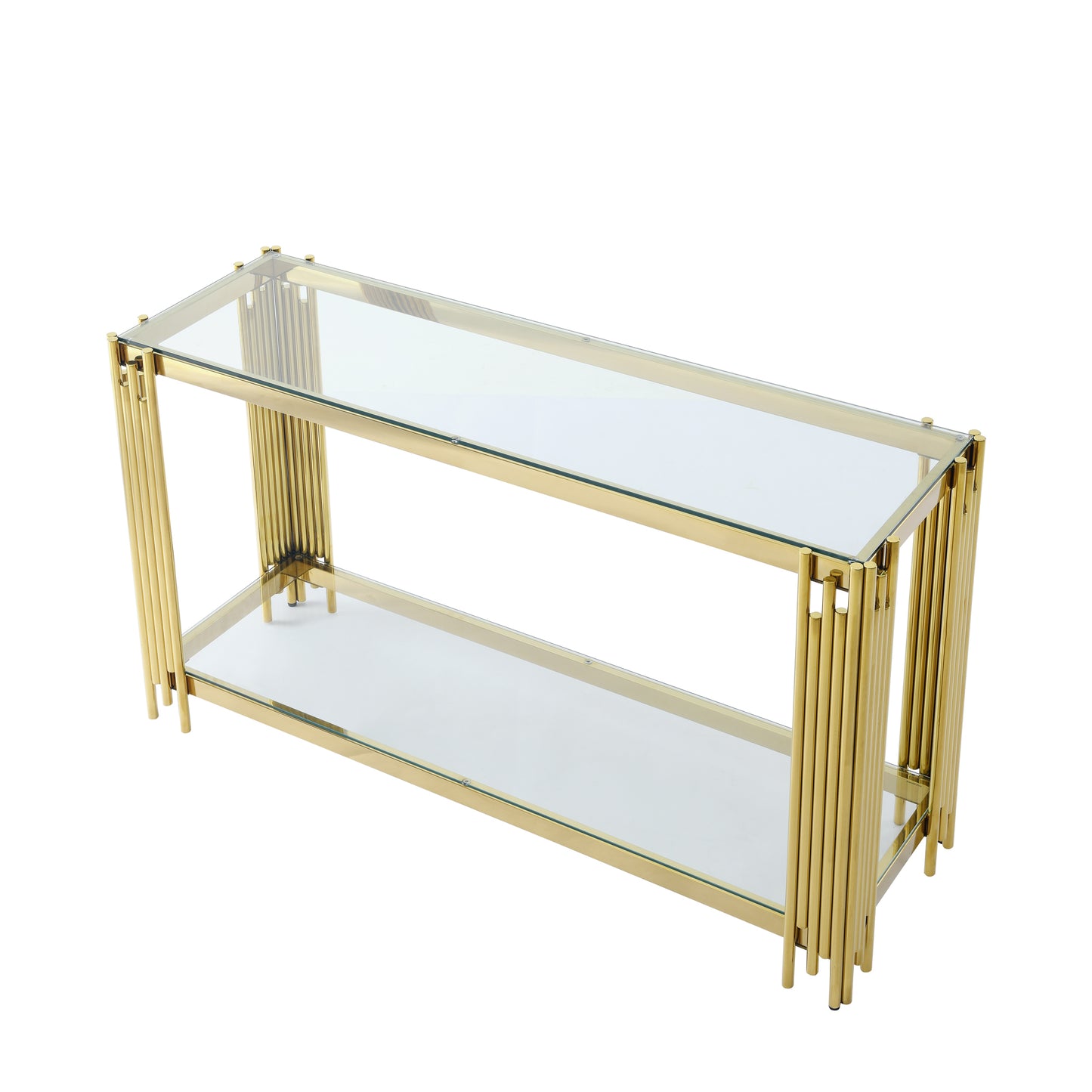 Modern Glass Console Table, 55" Gold Sofa Table with Sturdy Metal Frame and Clear Tempered Glass Top, for Living Room Entryway Bedroom, Gold Finish