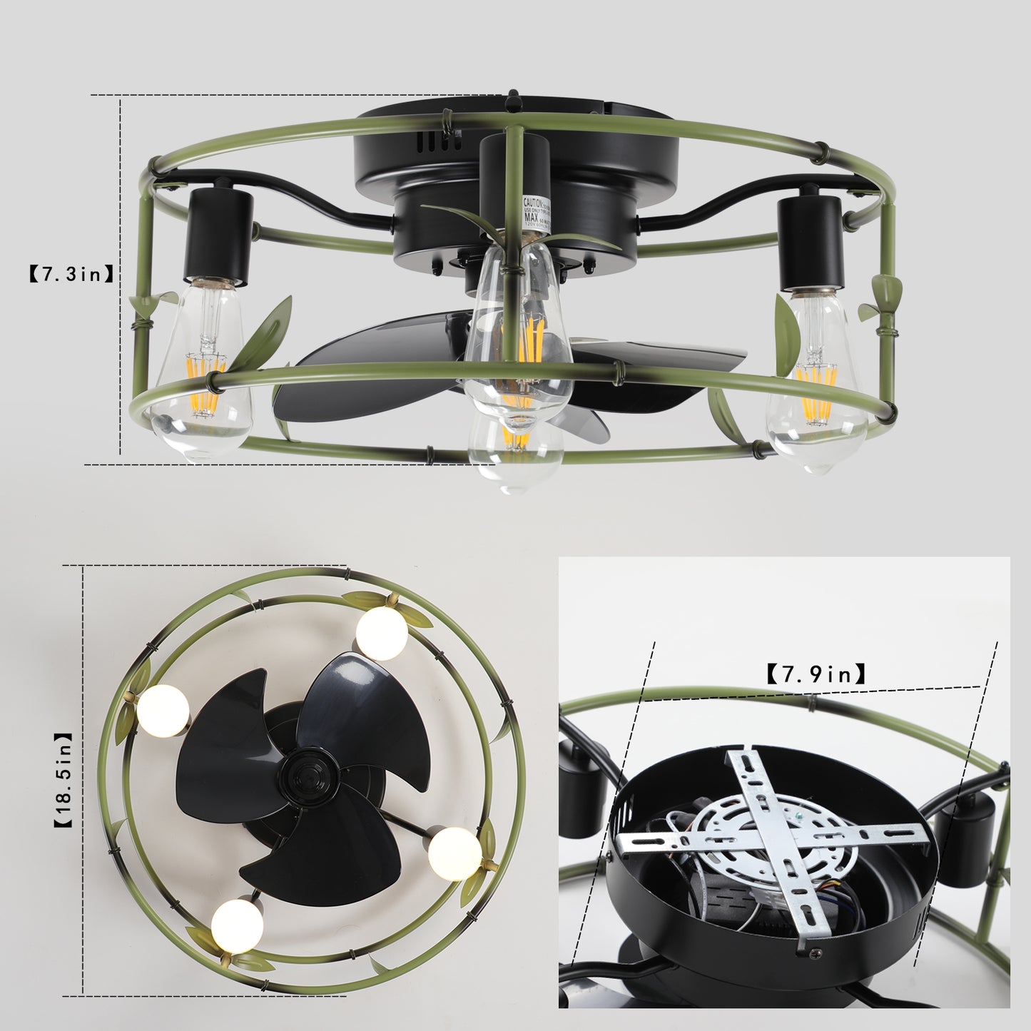 Flush Mount Green Caged Ceiling Fan with Remote - Stylish Metal Fan with Lights