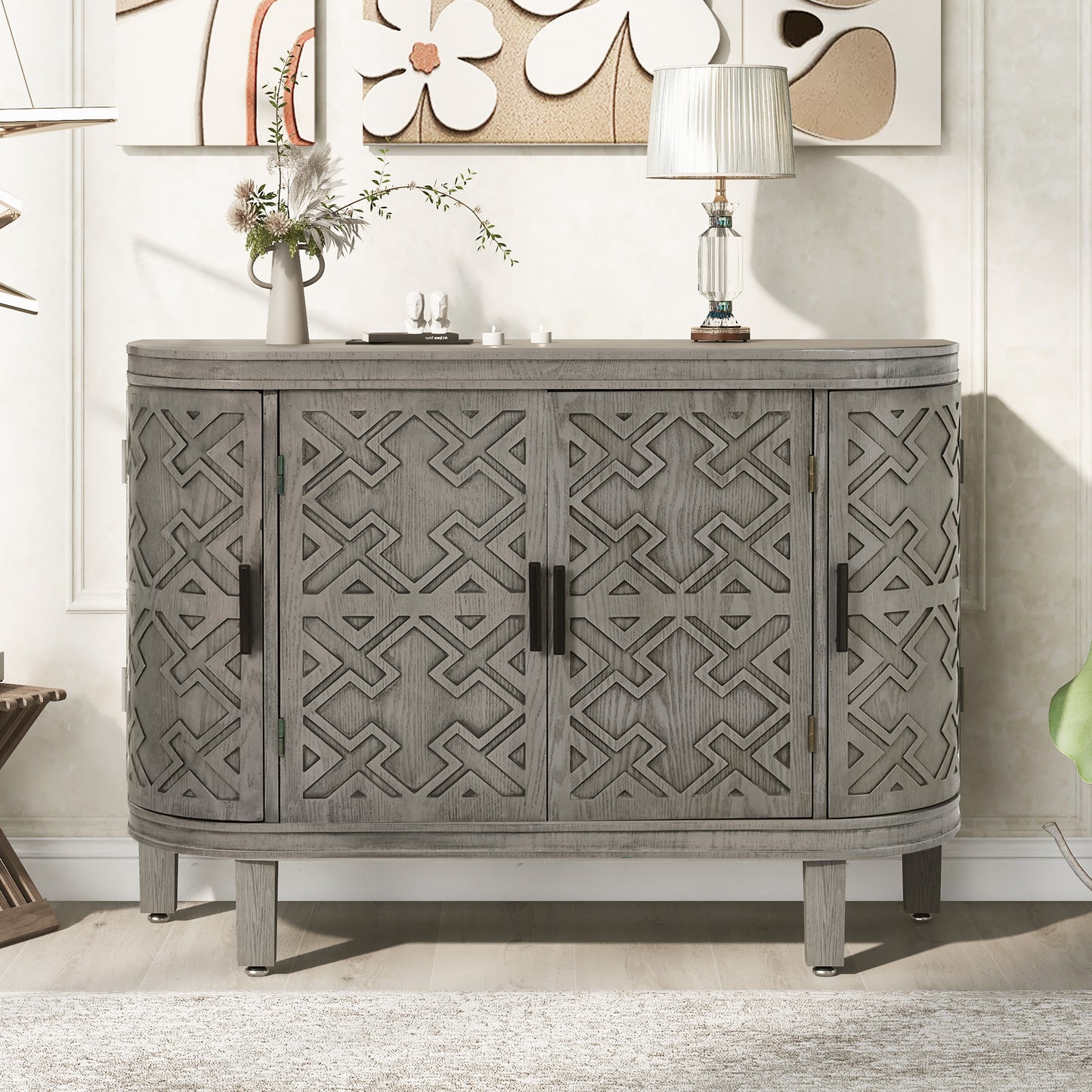 U-Style Accent Storage Cabinet Sideboard Wooden Cabinet with Antique Pattern Doors for Hallway, Entryway, Living Room