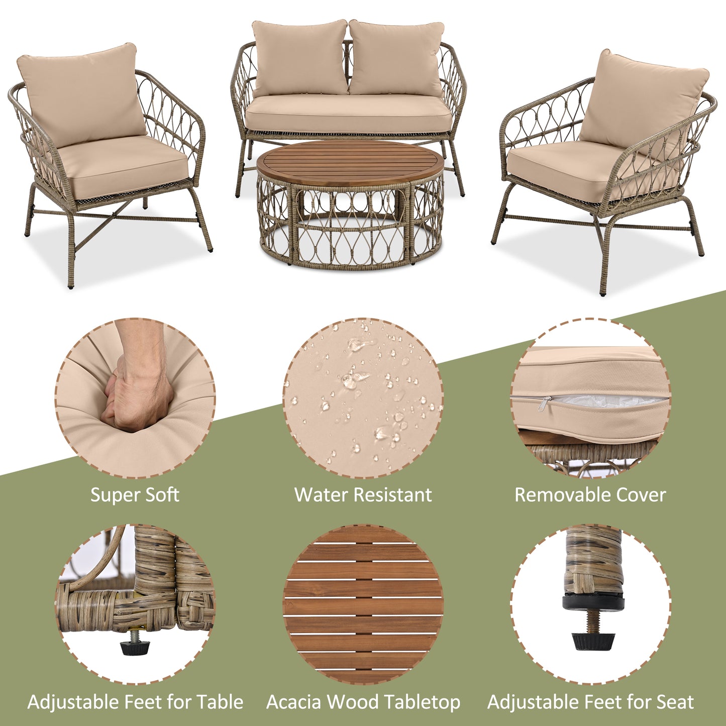 Bohemia-Inspired 4-Person Outdoor Seating Group - Removable Cushions and Wood Tabletop, Beige Conversation Patio Set