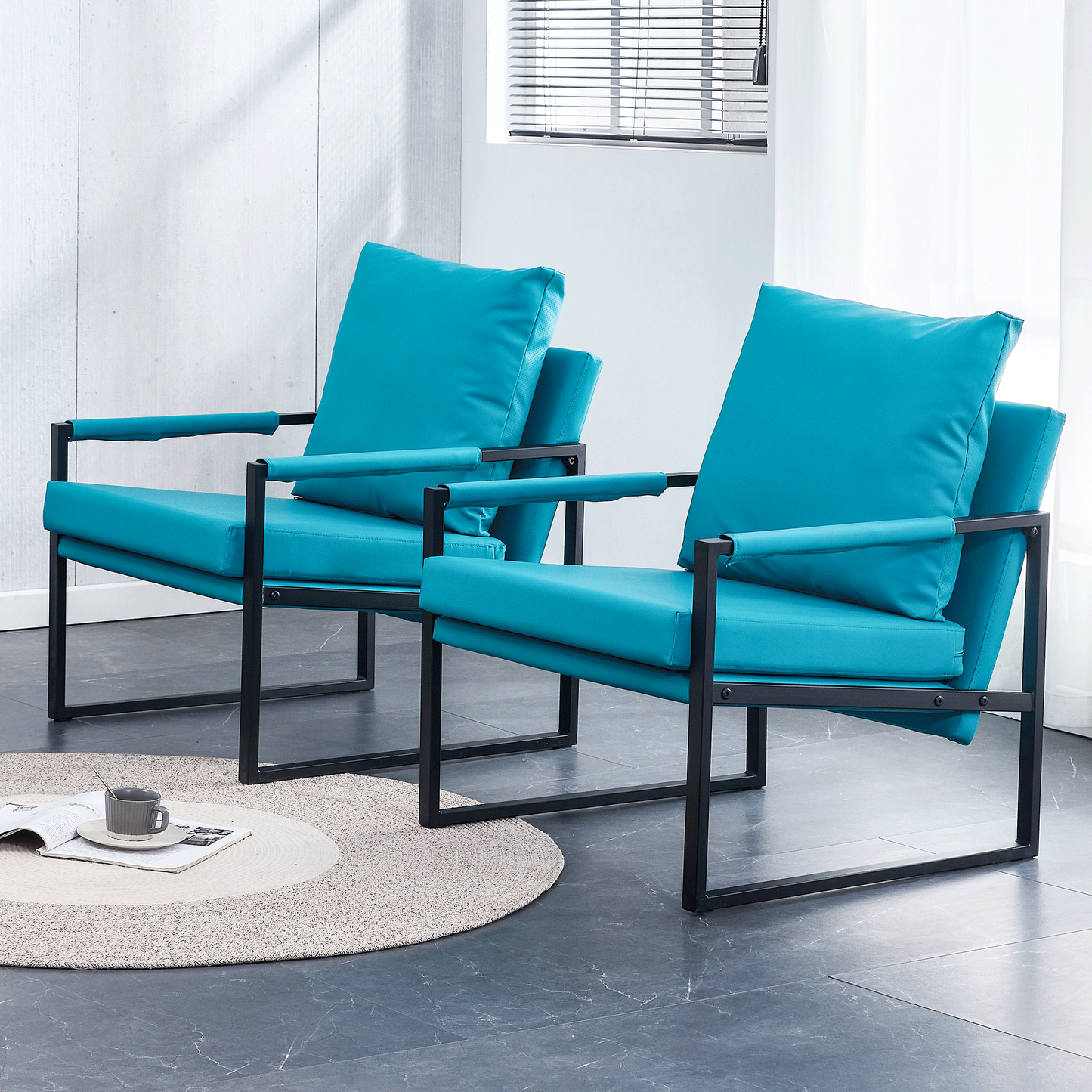 2-piece set of sofa chairs. PU leather armchair Medieval modern upholstered armchair with metal frame, super thick upholstered backrest and cushion sofa,for living room (cyan PU leather+metal+foam)008