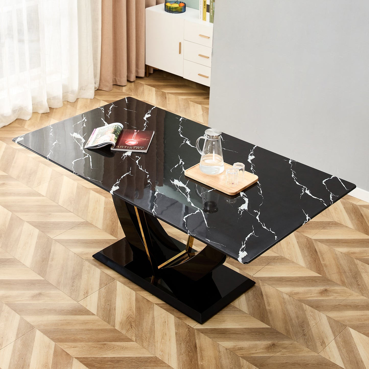 Stylish Rectangular Dining Table with Luxurious Black Imitation Marble Texture - Versatile Desk for Home