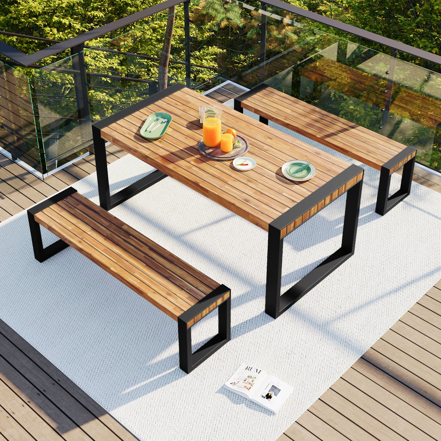 3-Piece Outdoor Dining Set: Acacia Wood Table & 2 Benches with Unique Texture, Durable Steel Frame for All-Weather Use