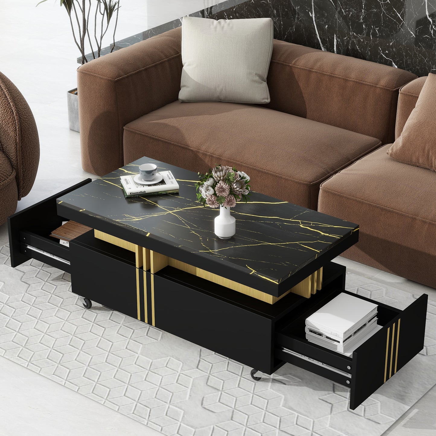 [VIDÉO fournie] Table basse contemporaine ON-TREND avec plateau en faux marbre, table de cocktail rectangulaire avec roulettes, table centrale de luxe modéré avec barres en métal doré pour le salon, noir