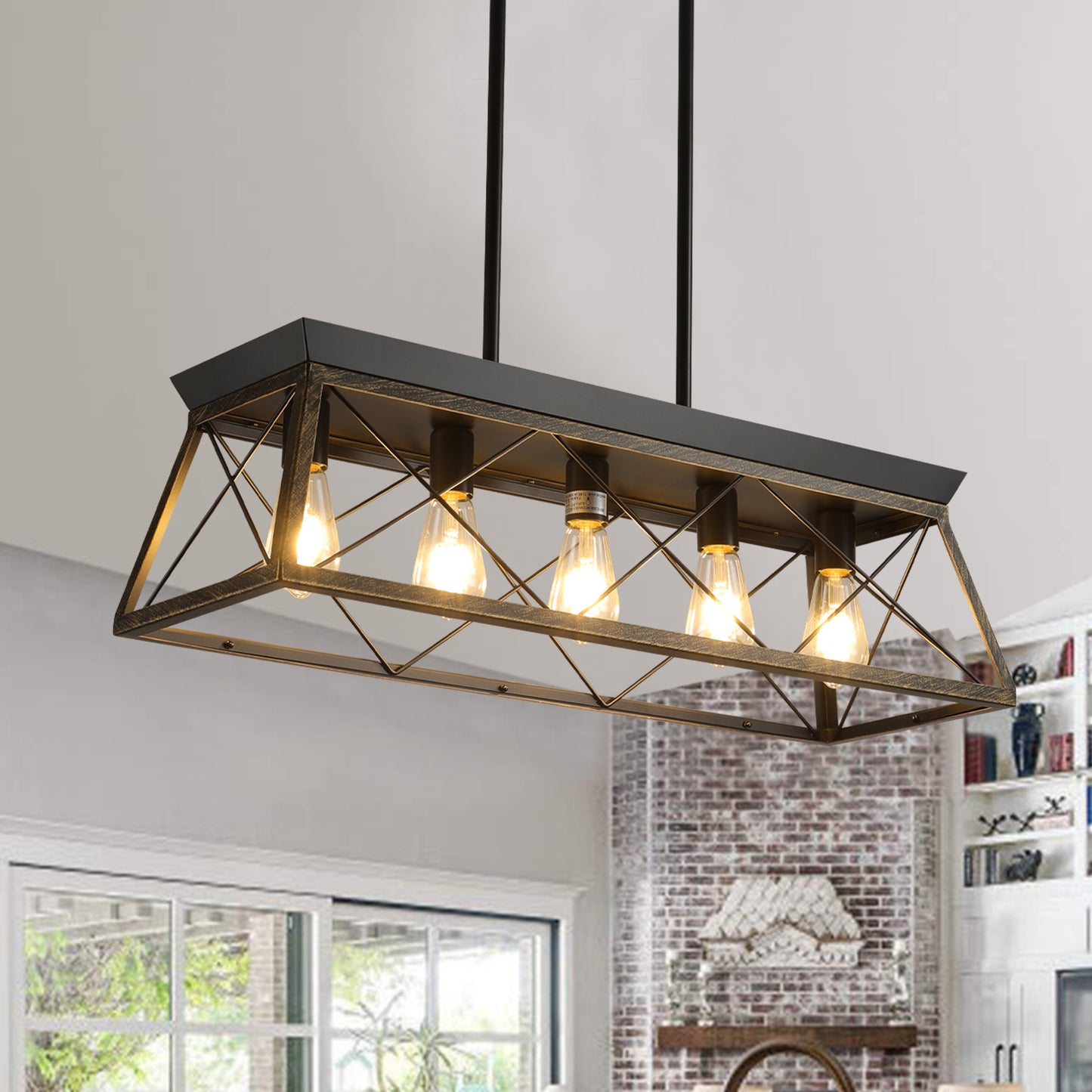 5-Light Farmhouse Chandeliers for Dining Room, Metal Rustic Pendant Island Light Fixture, Modern Rectangular Island Lights for Kitchen, Living Room Black gold(No Bulbs)NEW SKU:W1340P206630