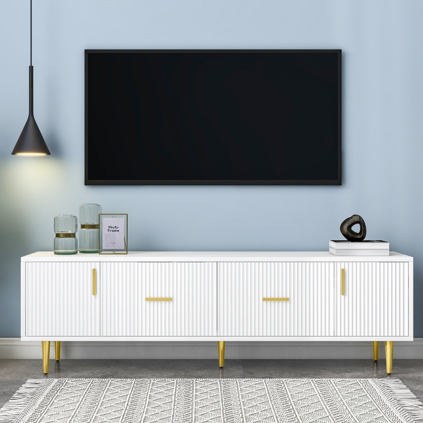 Meuble TV moderne U-Can avec 5 pieds champagne – Durable, élégant et spacieux, téléviseurs jusqu'à 75''