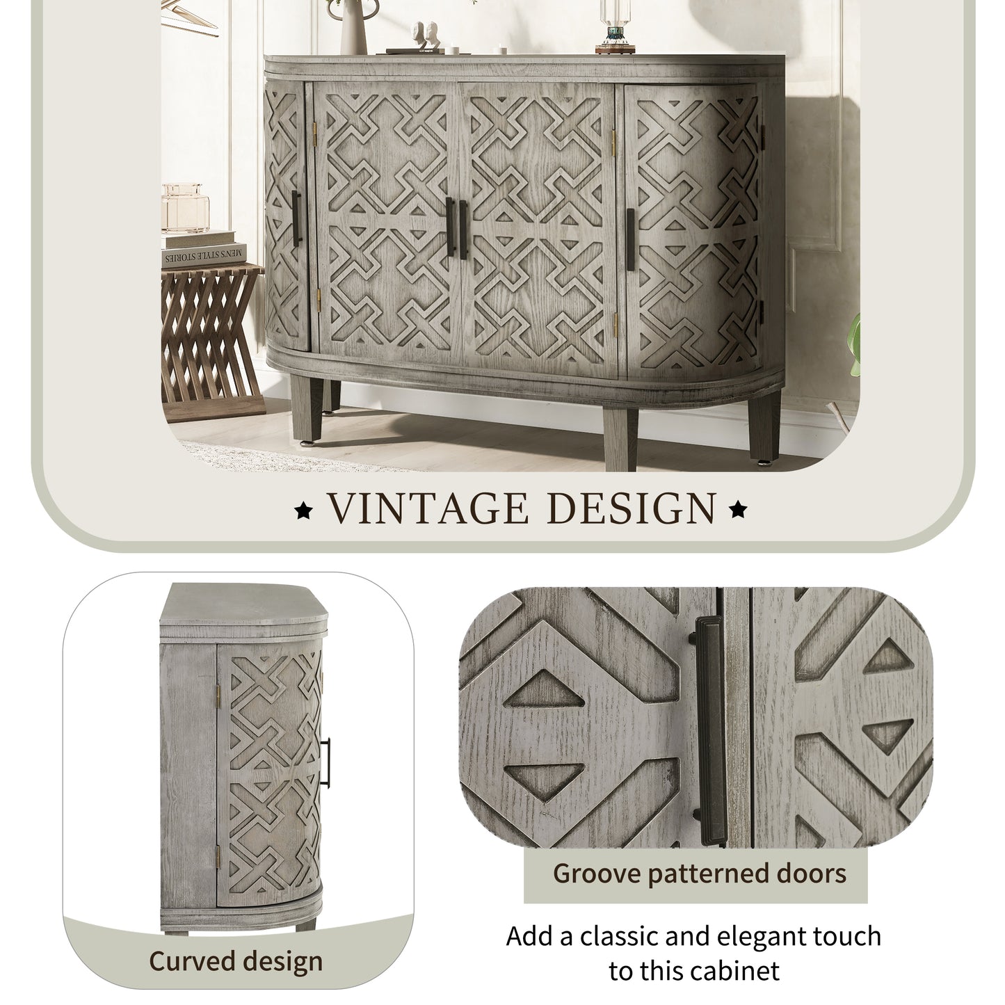 U-Style Accent Storage Cabinet Sideboard Wooden Cabinet with Antique Pattern Doors for Hallway, Entryway, Living Room