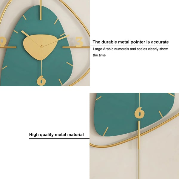 Dark Green & Gold Creative Scandinavian Wall Clock Metal Pendulum Mute Home Decor Clock