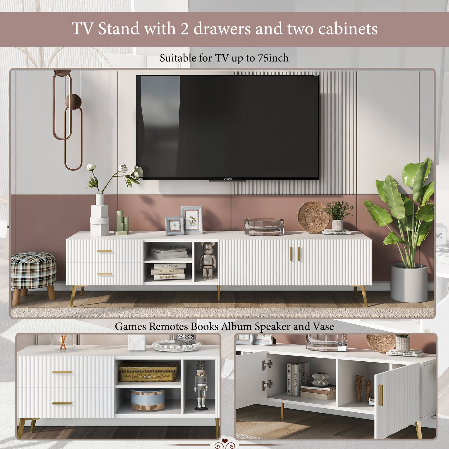 U-Can Modern TV Stand with 5 Champagne legs - Durable, stylish, spacious, versatile storage TVS up to 77" (White)