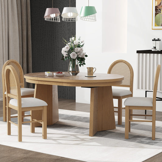 TREXM 5-Piece Retro Functional Dining Set with 1 Extendable Dining Table and 4 Upholstered Chairs with Rattan Backrests for Dining Room and Kitchen (Natural Wood Wash)