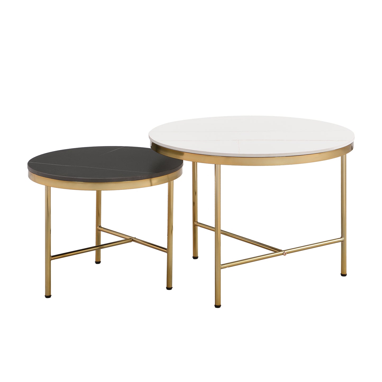 Modern Round Nesting Coffee Table Set 2-Piece Black & White Sintered Stone Top Gold Base in 23.6''&17.7''