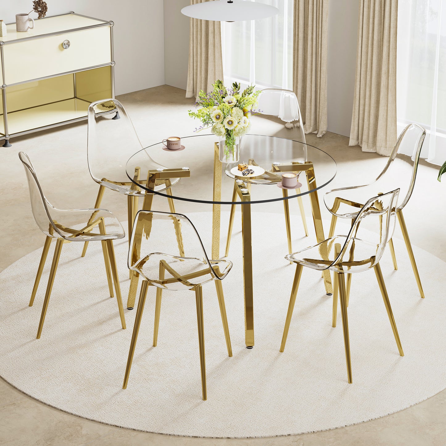 Modern Minimalist Circular Transparent Tempered Glass Table with Golden Metal Legs - Perfect for Kitchen, Dining Room