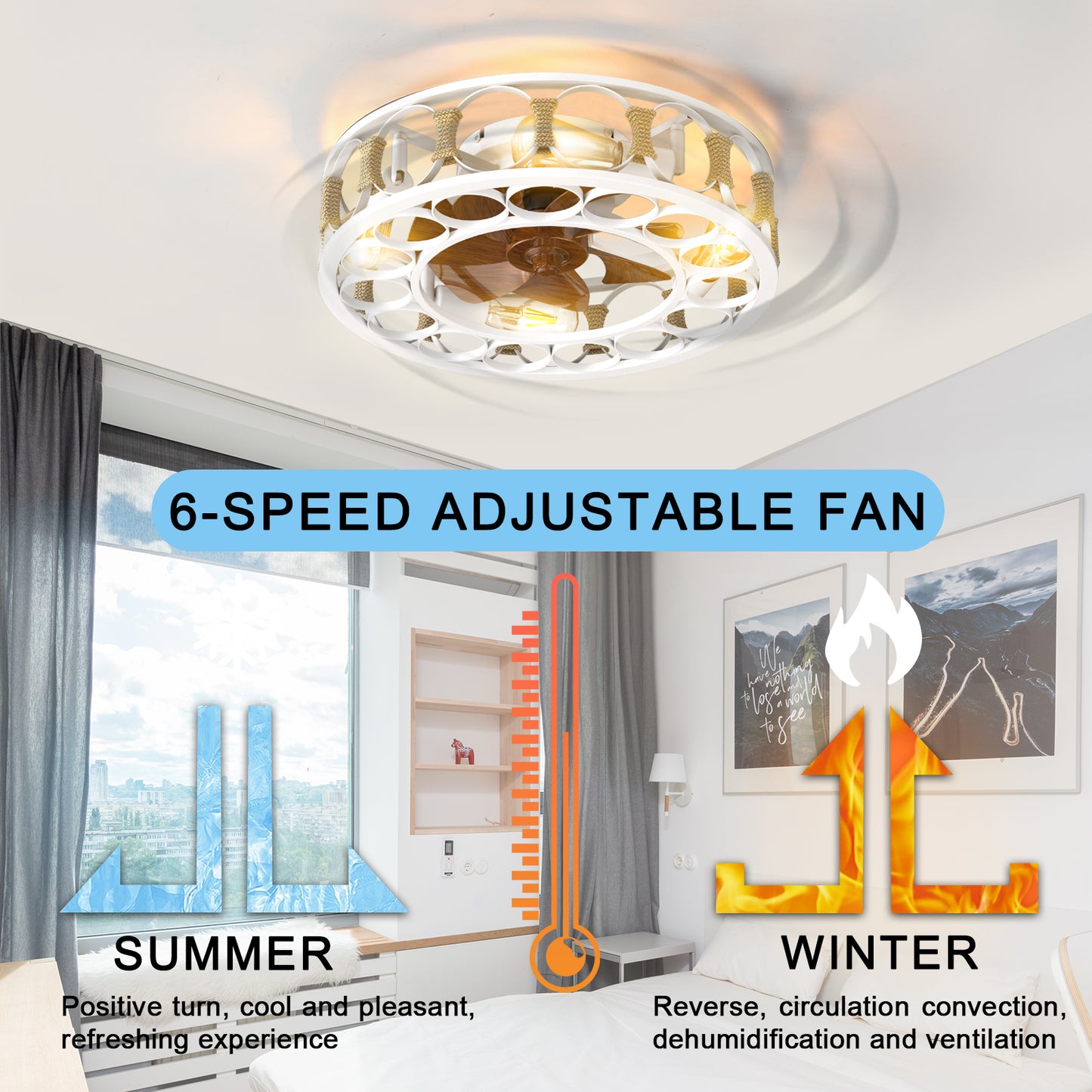 Caged Ceiling Fan with Lights Remote Control,Semi -embedded Modern Ceiling fans, 6 Speeds Reversible Blades, 4 LED Bulbs Include(White)