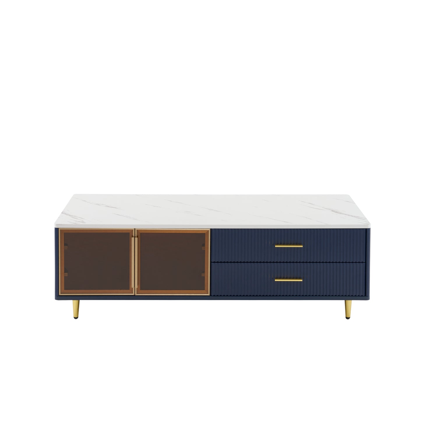 Modern Navy Blue Coffee Table with 2 Glass Door Storage, 4 Drawers, Gold Metal Legs, and Multi-Color Lighting in 47.2''