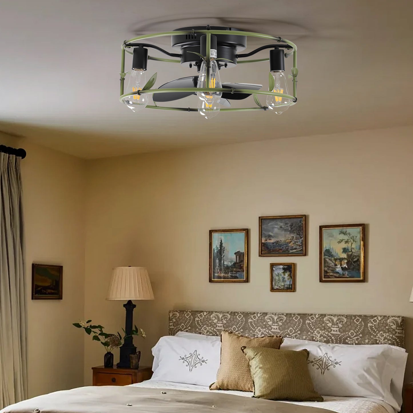 Flush Mount Green Caged Ceiling Fan with Remote - Stylish Metal Fan with Lights