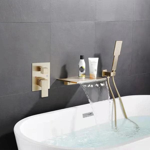 Brass Waterfall Wall-Mounted Bathtub Faucet Tub Filler Single Handle Brushed Gold