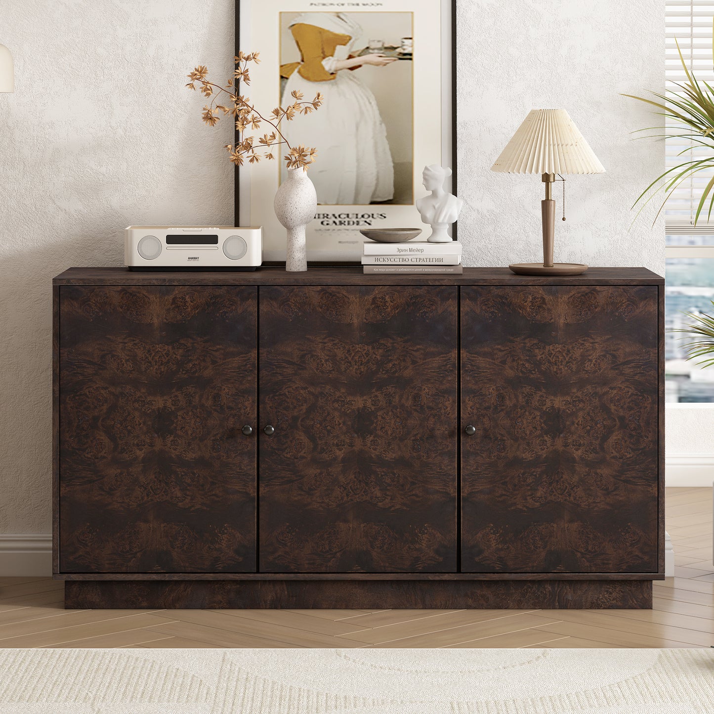 U-STYLE Wood Pattern Storage Cabinet with 3 Doors, Suitable for Hallway, Entryway and Living Rooms.