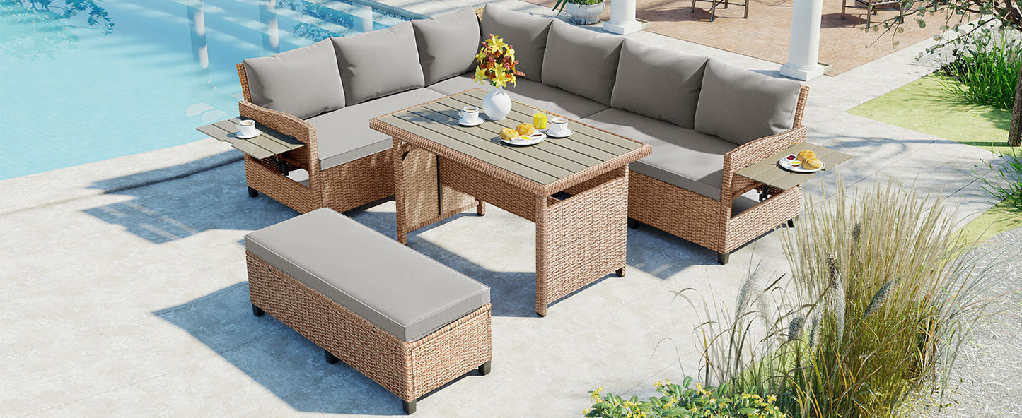 TOMAX Ensemble de canapés d'extérieur en rotin 5 pièces, ensemble de meubles de jardin sectionnels en osier PE en forme de L avec 2 tables d'appoint extensibles, table de salle à manger et housses lavables pour jardin, bord de piscine, intérieur, marron