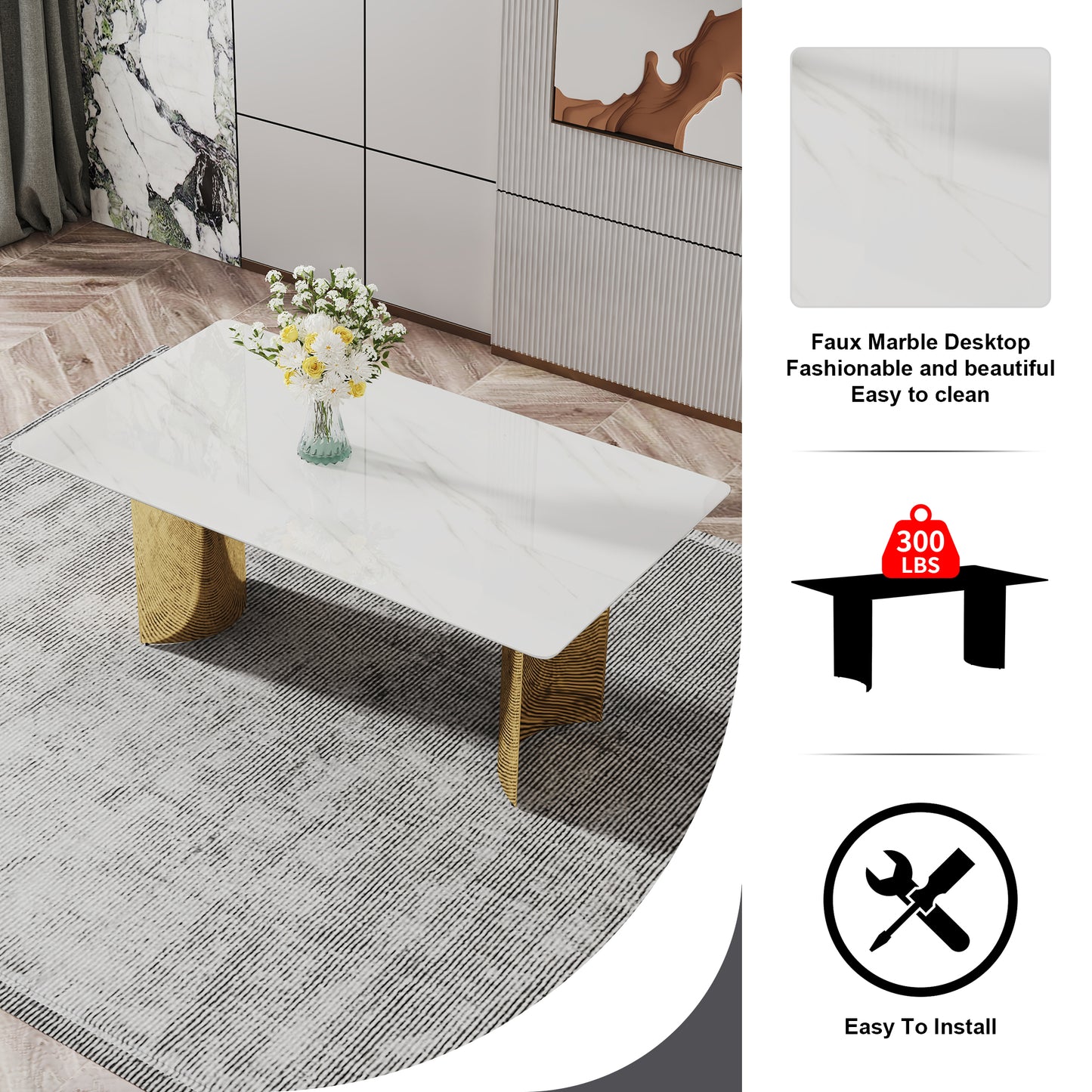 Stylish 71" Minimalist Dining Table with White Imitation Marble Glass Surface and Gold Metal Legs - Ideal for Dining Areas and Living Spaces